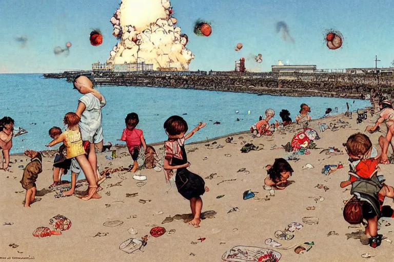 Image similar to kids playing at the beach, huge atomlc explosion in the background, wide angle shot, by norman rockwell, by mattias adolfsson,, oil on canvas by moebius and satoshi kon, hd, 4 k, high quality,