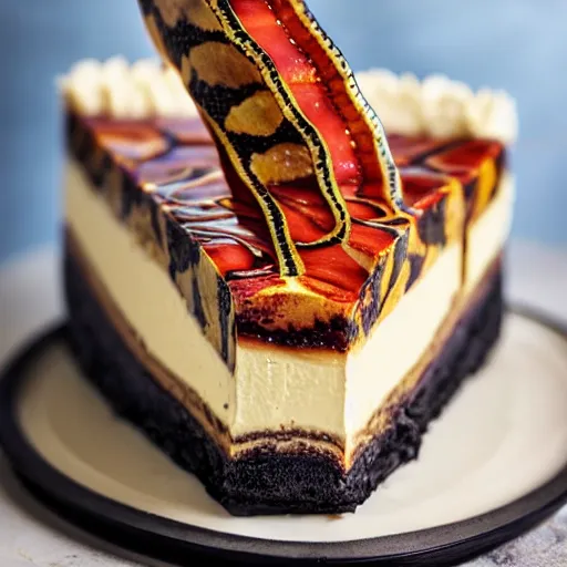 Image similar to close view of a delicious sweet and perfect snake cheesecake piece, snake pieces on top, snake slices on top, snake head, award winning, 4 k, beautiful