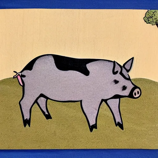 Prompt: pig on a hill next to a tree, style from aoshima chiho