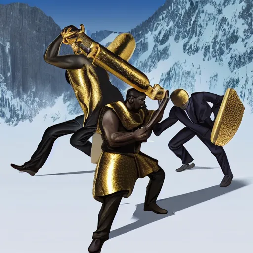 Image similar to black person with golden mace in hands fighting lenin in mountains, photorealistic