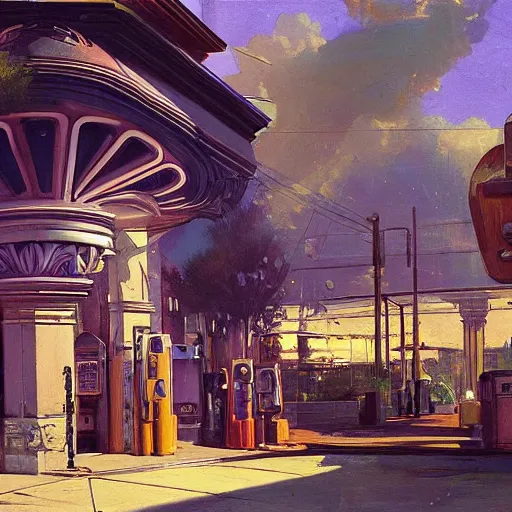 Image similar to painting of syd mead artlilery scifi organic shaped gas station with ornate metal work lands on a sidewalk, floral ornaments, greek architecture, volumetric lights, purple sun, andreas achenbach