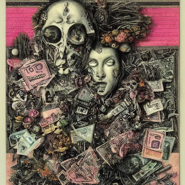 Image similar to post - punk new age album cover, asymmetrical design, dollar bank notes, capitalism, magic, apocalypse, psychedelic, black white pink, highly detailed, magic, giger h. r., giuseppe arcimboldo