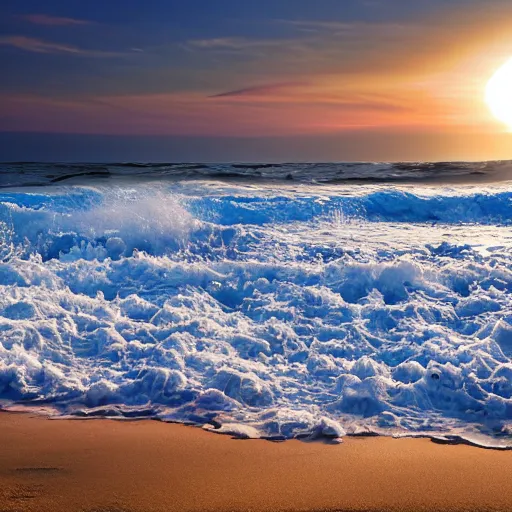 Prompt: wide angle, captured image of a sun-dog ocean white sand, background of crashing surf (foam, rocks), tranquil, calming, nostalgic