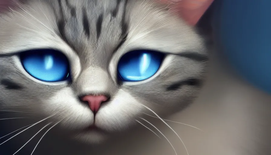 Prompt: cute cat with bright shiny blue eyes, hyperdetailed, artstation, cgsociety, 8 k