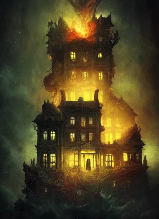 Image similar to shubniggurath destroying a glowing mansion in burning vapor dramatic lighting, artstation, matte painting, alexander jansson, allen williams, anja millen