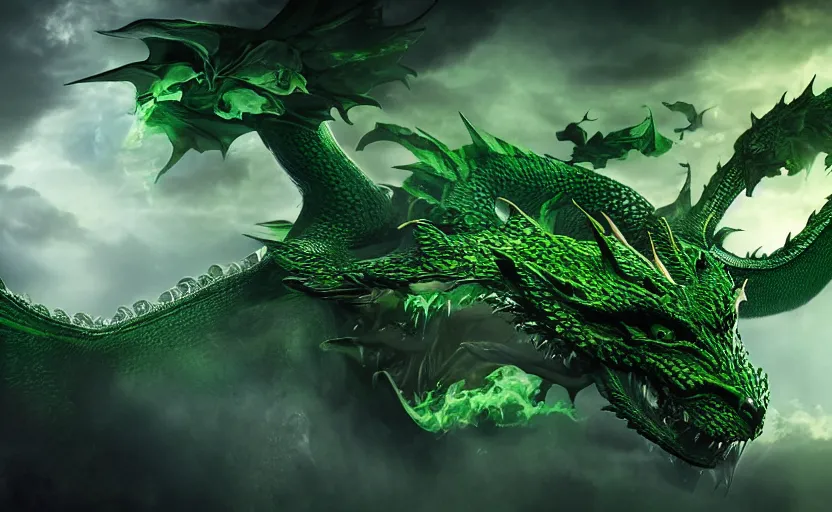 Image similar to green dragon, smiling, studio shot, volumetric lighting, 8k, real life picture, realistic, hyperdetailed, no blur, shadows