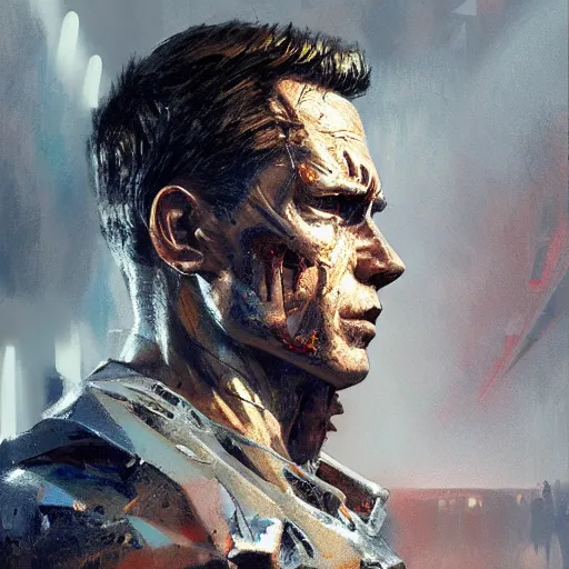 Prompt: Terminator, Profile, portrait, intricate, detailed, volumetric lighting, scenery, digital painting, highly detailed, artstation, sharp focus, illustration, concept art, ruan jia, steve mccurry