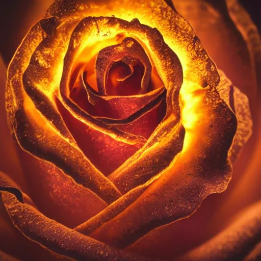 Image similar to award - winning macro of a beautiful black rose made of glowing molten magma