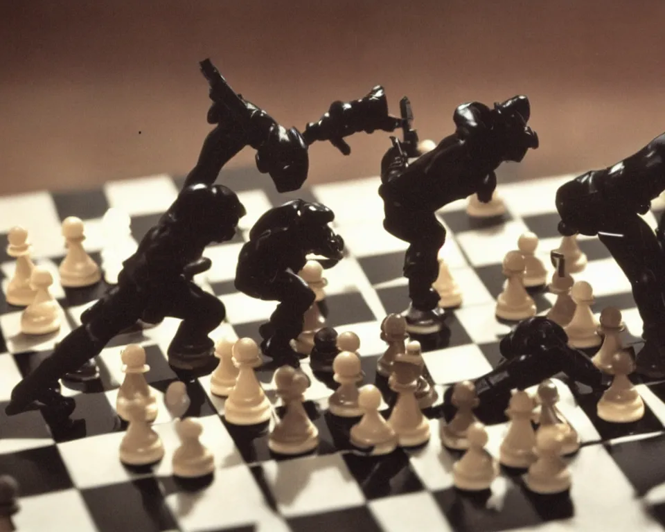 Prompt: an 8 0 s action film still of a humanoid black chess pawn killing a white chess king. action scene. vhs.
