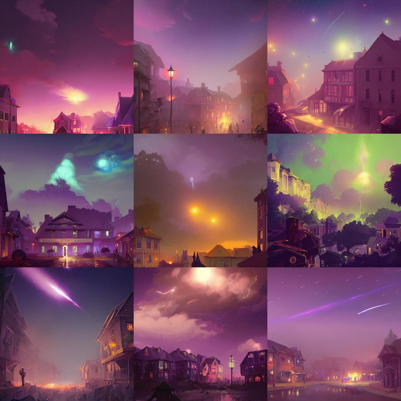 Prompt: raining meteor shower over a purple draped colonial village, light dust, by peter mohrbacher dan mumford nekro, cgsociety, pixiv, volumetric light, 3 d render