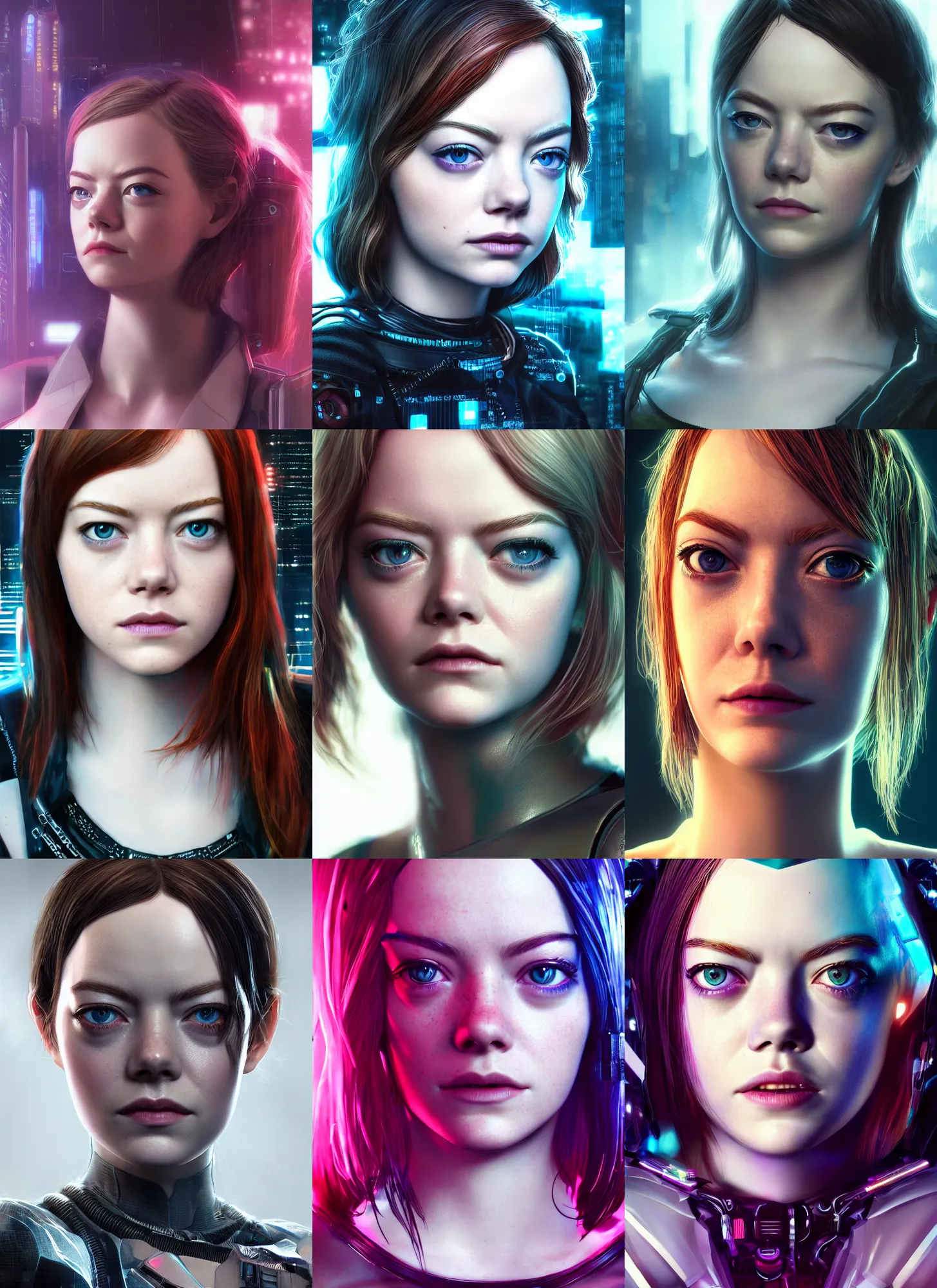 Prompt: cyberpunk portrait of beautiful cyber Emma Stone, young Emma Stone, cyberpunk, photorealistic, octane render, beautiful eyes, 35mm, coherent, intricate, 4k, intricate details, concept art, studio lighting, trending or artstation, award winning, hyperrealistic, 8k, hd