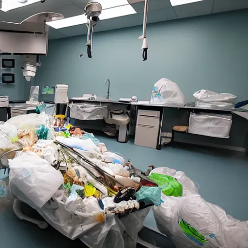 Prompt: operating room covered with trash