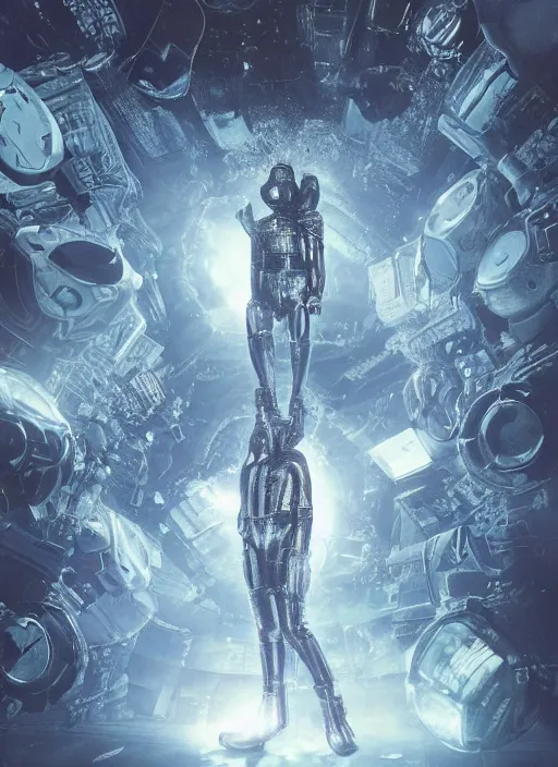 Image similar to astronauts aliens in dark and empty void underwater - complex and hyperdetailed technical suit. reflection and dispersion materials. glowing helmet. rays and dispersion of light. volumetric light. 5 0 mm, f / 3 2. noise film photo. flash photography. ultra realistic, wide angle. poster by wayne barlowe, hajime sorayama aaron horkey, craig mullins