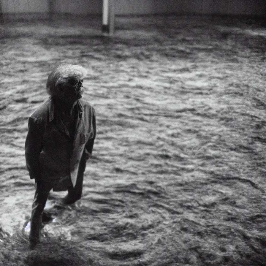 Image similar to 7 0 s movie still of an old man drowning in an empty soviet ballroom flooded in worms, cinestill 8 0 0 t 3 5 mm, heavy grain, high quality, high detail