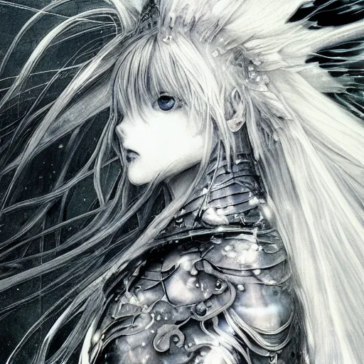 Prompt: yoshitaka amano blurred and dreamy realistic illustration of an anime girl with wavy white hair and cracks on her face wearing elden ring armor with the cape fluttering in the wind, abstract black and white patterns on the background, noisy film grain effect, highly detailed, renaissance oil painting, weird portrait angle