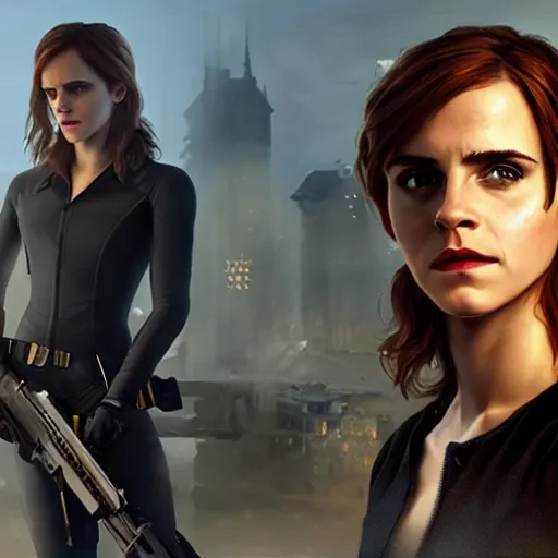 Image similar to a highly detailed matte portrait of emma watson as black widow, spy novel by tom clancy, unreal engine, volumetric lighting, exquisite detail, 8 k, art by greg rutkowski and alphonse mucha