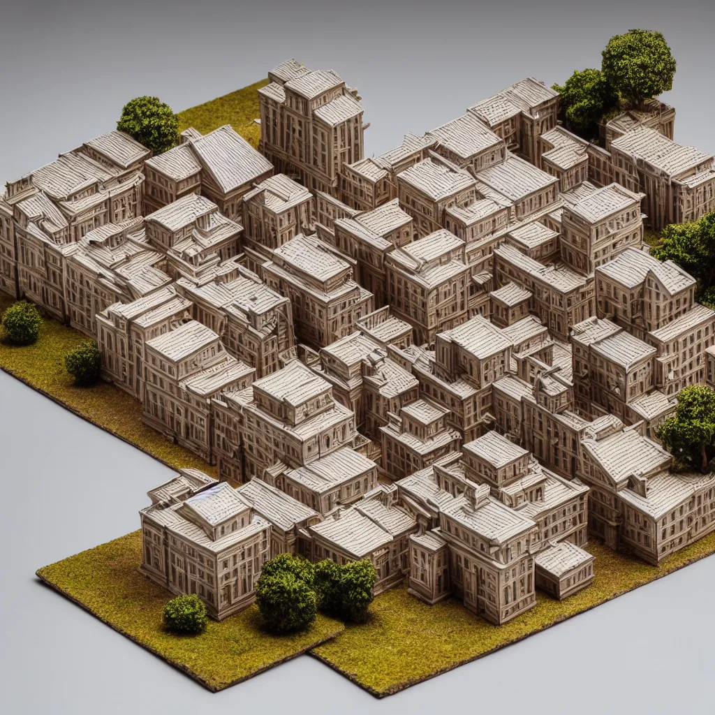 Prompt: architectural model, isometric view, studio lighting, low contrast, brightly lit studio, highly detailed, tall stacked boxes, large windows, courtyard, gabled roof, square house, on a cliff, tree