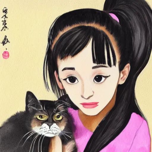 Image similar to ariana grande holding an extremely annoyed, hissing cat, painting by 奈 良 美 智