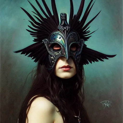 Image similar to portrait of a young woman in a raven masquerade mask, dark, piercing eyes, exotic expression, esoteric clothing, photorealistic, highly detailed, mysterious lighting, artstation, smooth, sharp focus, art by michael whelan, artgerm, greg rutkowski and alphonse mucha