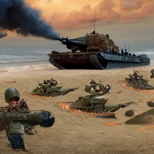 Image similar to film still of D-day storming the beach at Normandy in the style of Disney Pixar Up (2009)