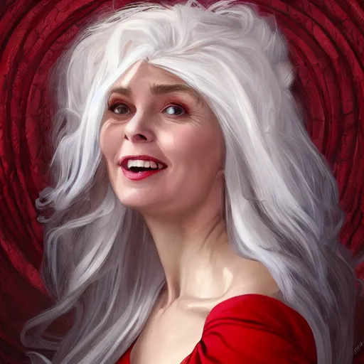 Image similar to middle-aged witch, grinning, foxy, sharp features, big whitened hair, sleeveless red dress, highly detailed, digital painting, artstation, concept art, smooth, sharp focus, beautiful face, expressive eyes, illustration, art by Artgerm and greg rutkowski and alphonse mucha