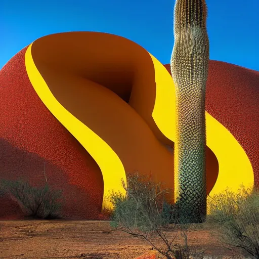 Image similar to architectural photograph by iwan baan of a cheerful recreational building in the shape of a monitor lizard in the middle of the desert, colorful desert architecture designed by norman foster