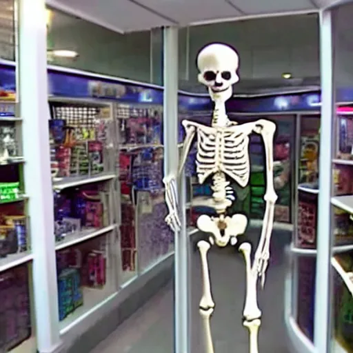 Image similar to cctv footage of a skeleton shoplifting