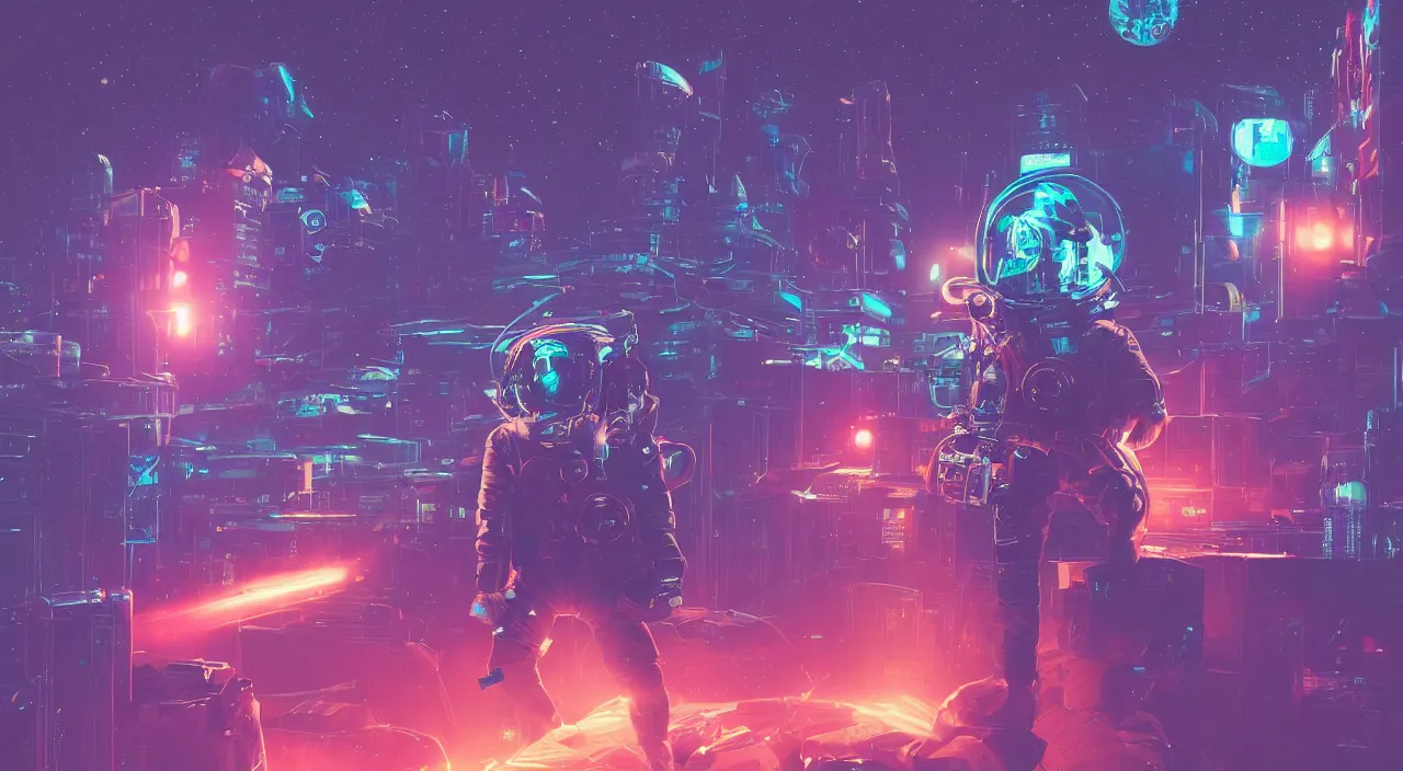 Prompt: a man in a space suit with a boom box on his shoulder, cyberpunk art by mike winkelmann, shutterstock contest winner, space art, darksynth, retrowave, synthwave