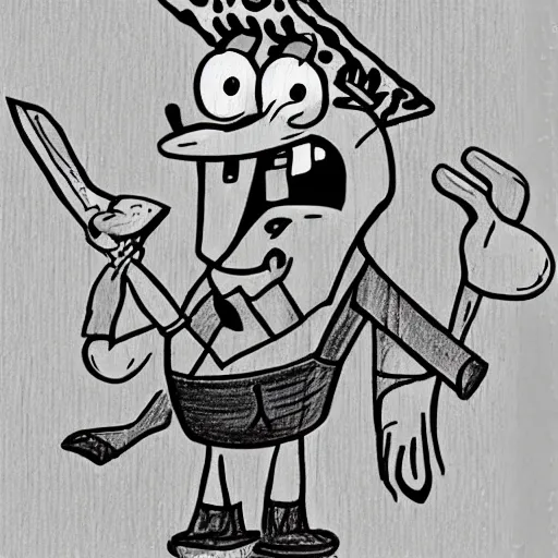 Prompt: childish crayon drawing of spongebob squarepants cartoon character holding a kitchen knife