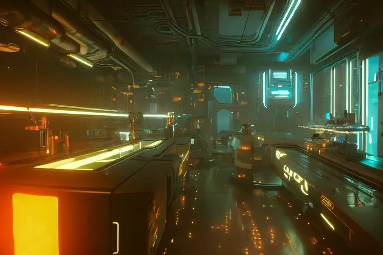 Prompt: cyberpunk 2 0 7 7, bladerunner 2 0 4 9 cyrogenic stasis pod, cybernetic symbiosis hybrid mri 3 d printer machine making a bio chemical lab, shiny knobs, amazing, fantastic, natural light in room, drone camera lens orbs, global illumination, octane render, architectural