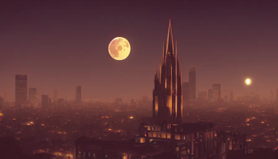 Prompt: Digital painting of Neo-Gothic Los Angeles at night with a big moon, wide angle, volumetric light, hyperdetailed, artstation, cgsociety, 8k