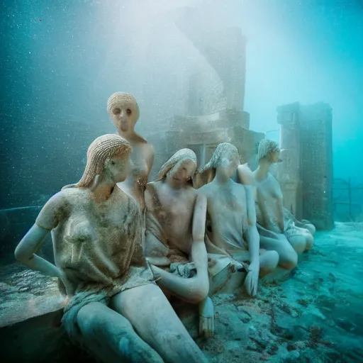 Image similar to underwater photograph of ancient greek ruins with rotting mannequins and smudged makeup in various poses, elegant jellyfish, exploration, national geographic, volumetric lighting