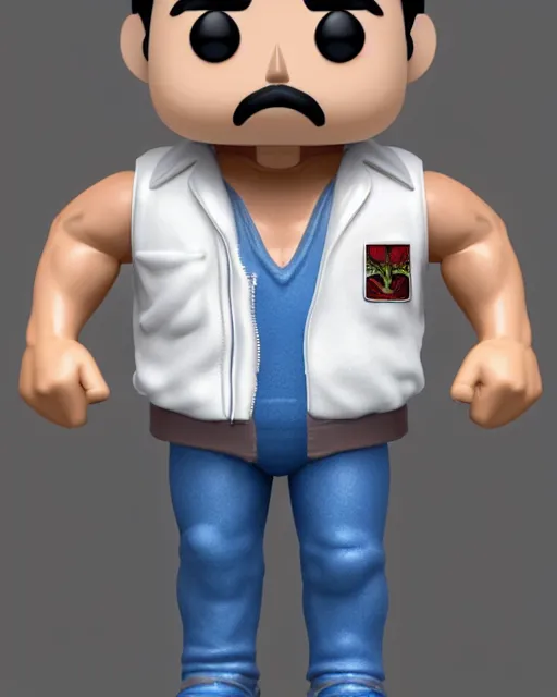 Image similar to full body 3 d render of freddie mercury, white sleeveless tank top blue jeans as a funko pop!, four, studio lighting, white background, single body, no shadow, blender, trending on artstation, 8 k, highly detailed