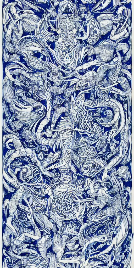 Image similar to blue paper + an intricate gemini depiction + symmetry + elaborate ink illustration