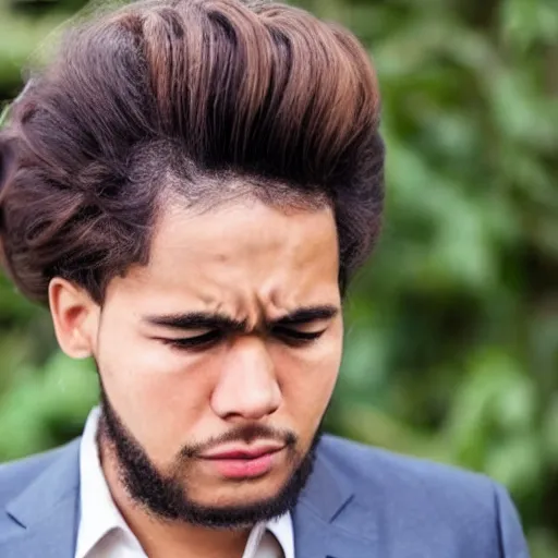 Image similar to tearful! professional millennial man with beehive women's hairstyle