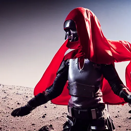 Image similar to a young female soldier with soot marks on her face, elegant, no makeup, in glossy sleek white bloodstained dinged scuffed armor , long torn red cape, heroic posture, determined expression, no helmet, on the surface of mars, dramatic lighting, cinematic, sci-fi, hyperrealistic, detailed