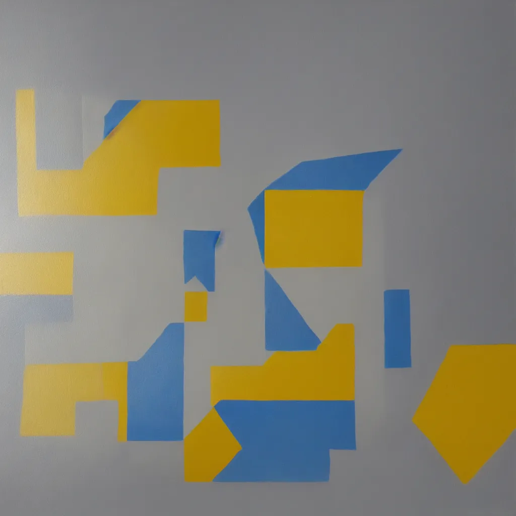 Image similar to 3 dimensional solid large geometric of solid oil paint, with strong top right lighting creating shadows, colours cream naples yellow and blue - grey