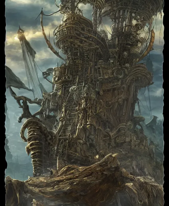 Image similar to an epic fantasy concept of a steampunk davy jones on the flying dutchman