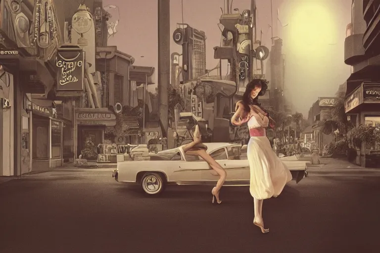 Image similar to photography of gregory crewdson, 1 9 7 6 portrait of a woman floating in the air, background is a vegas street scene, deep focus, intricate, elegant, highly detailed, artstation, concept art, matte, sharp focus, art by artgerm and greg rutkowski and alphonse mucha