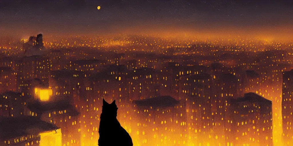 Image similar to A cat overlooking a city at night by Alena Aenami