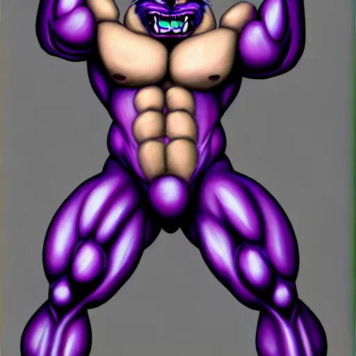 Image similar to painting of an anthropomorphic bulky muscular purple wolf, furry style, wearing jeans, deviant art, fursona, professional furry drawing, insanely detailed, bulky wolf - like face with dragon features, doing a pose from jojo's bizarre adventure, detailed veiny muscles, exaggerated features, beautiful shading, huge teeth, grinning, colorful background