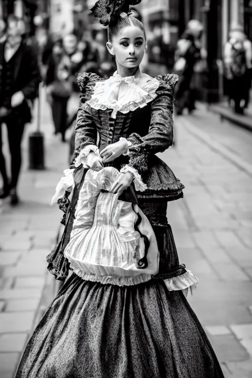 Image similar to Ariana Grande Victorian Era clothing, walking through the streets of London, XF IQ4, f/1.4, ISO 200, 1/160s, 8K, symmetrical face, beautiful eyes, black and white
