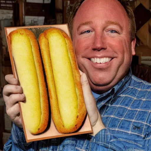 Prompt: alex jones eating a huge twinkie, woodcut,