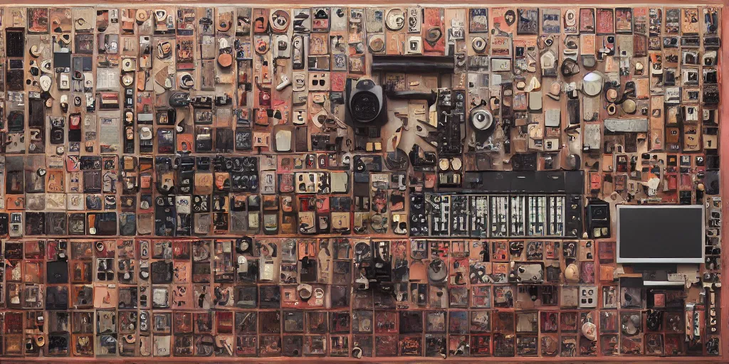 Image similar to Oil on canvas, knolling equipment for music production. In the style of The Grand Budapest Hotel (2014)