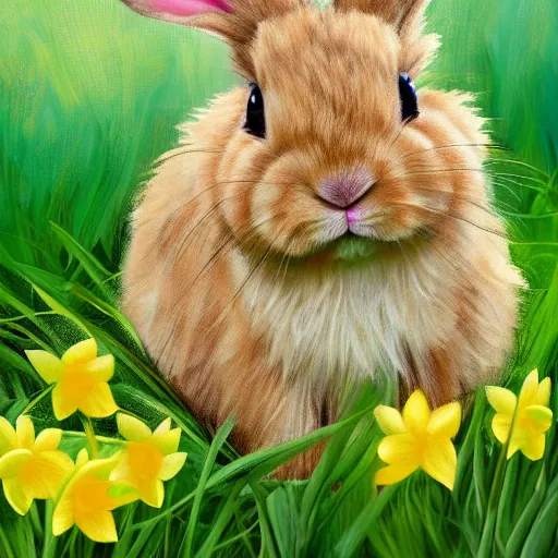 Prompt: cute fluffy tan lop eared bunny rabbit sitting in grass with daffodils and tulips detailed painting 4k