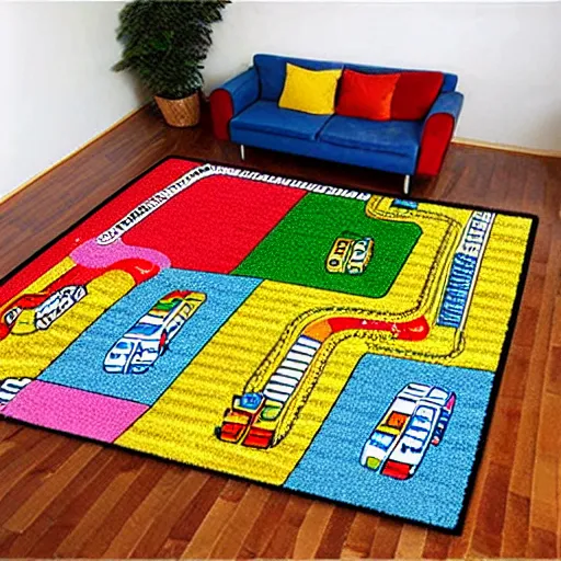 Prompt: an elaborate and dense kids road map carpet rug, detailed