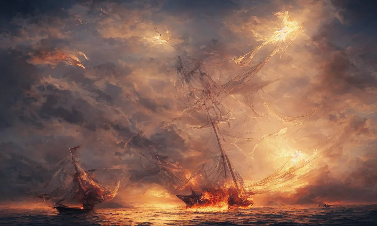 Image similar to a beautiful digital painting of a white caravel on fire flying in the clouds, birds and embers in the sunlight, numerous burning ropes and intricated sails, blue sky at sunset, elegant, highly detailed, artstation, concept art, matte, sharp focus, art by tom bagshaw, kelogsloops and greg rutkowski