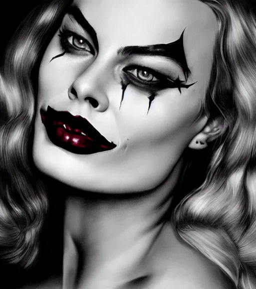 Image similar to beautiful margot robbie portrait with joker makeup, in the style of den yakovlev,, black and white realism drawing, faded outline, hyper realistic, highly detailed