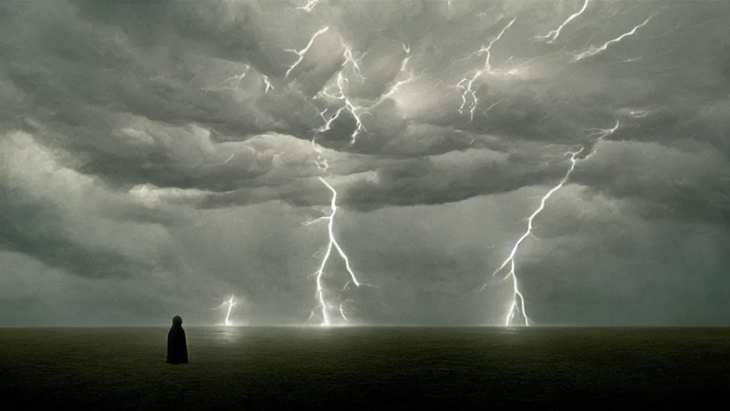 Image similar to lightning lighting things, film still from the movie directed by denis villeneuve and david cronenberg with art direction by salvador dali and zdzisław beksinski, wide lens