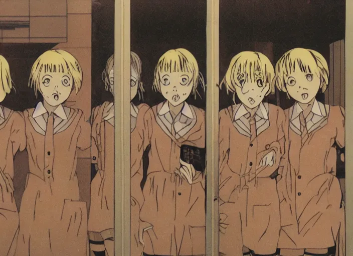 Prompt: screenshot from guro anime, 8 0's horror anime, yellowed grainy vhs footage with noise, four schoolgirls trapped in a bathroom, bathroom stalls and sinks and tiled floor, sad scared girls are in beige sailor school uniforms, one girl has white hair, detailed expressive faces, various hair colors and styles, in the style of ghibli,